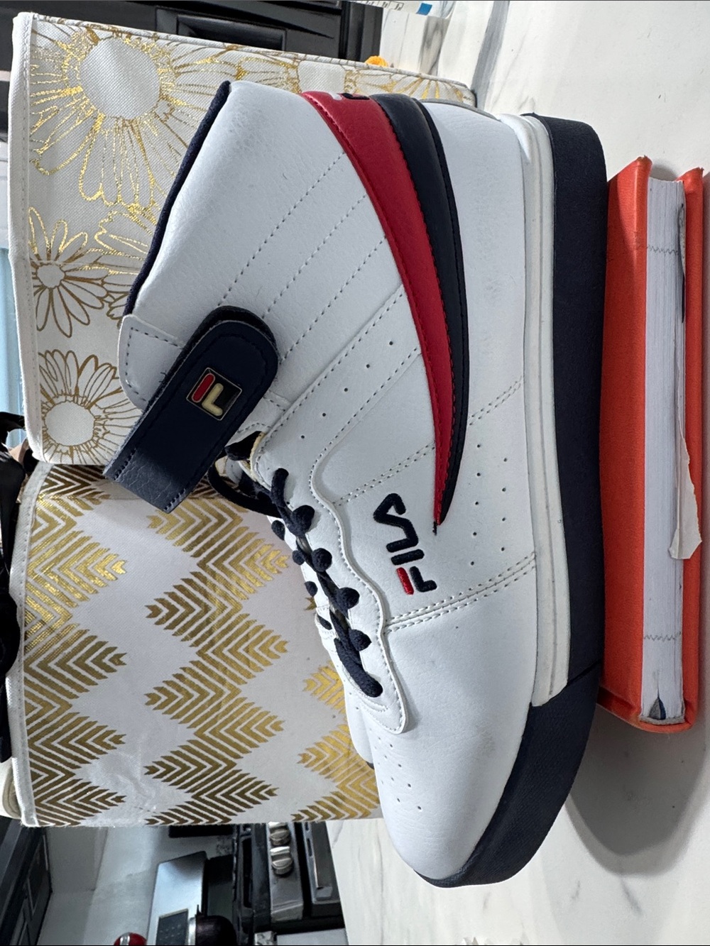 Fila Vulc 13 mid plus White Leather Sneaker with Red and Navy Accents
